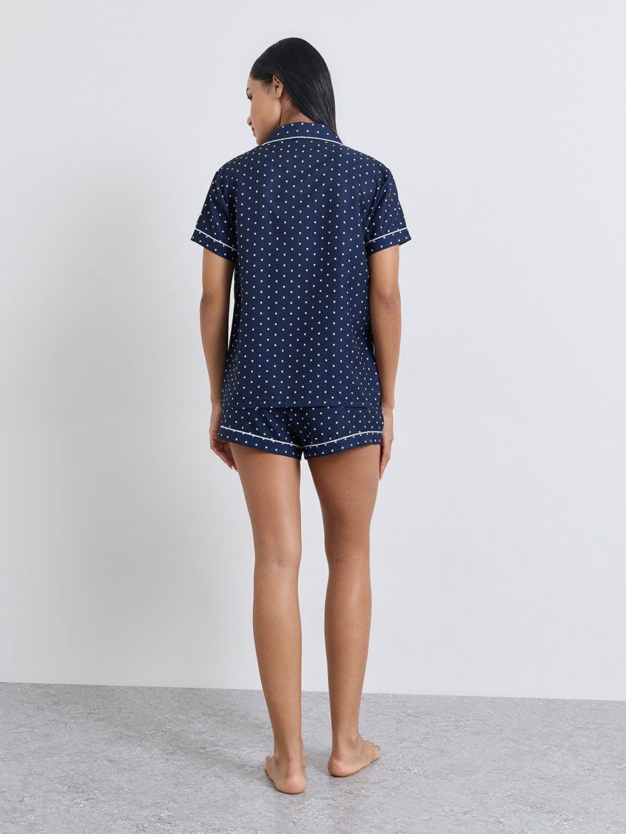 Navy Blue Polka Dot Print Piped Pocket Shirt and Shorts Set