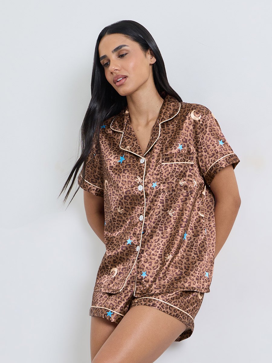 Satin Leopard Star Print Piped Pocket Shirt and Short Set