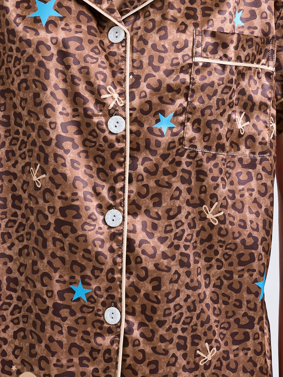 Satin Leopard Star Print Piped Pocket Shirt and Short Set