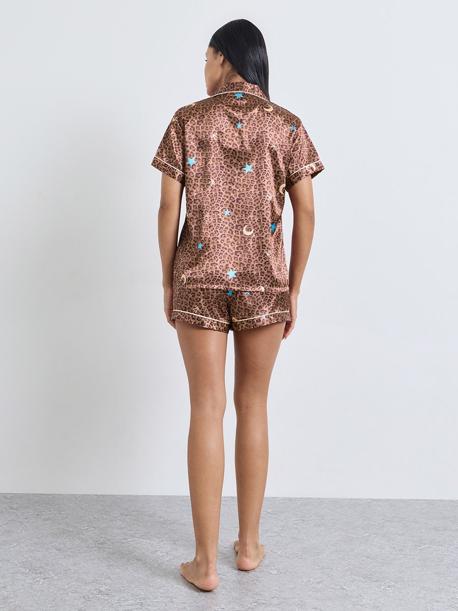 Satin Leopard Star Print Piped Pocket Shirt and Short Set