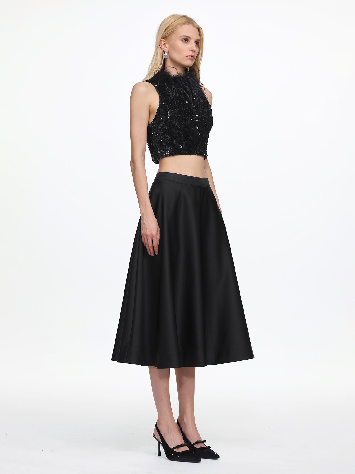 Black Sequin Crop Top and Satin Midi Skirt Set