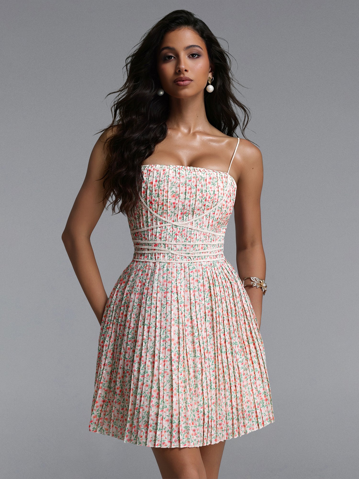 Ditsy Floral Pleated Sleeveless A-Line Mini Dress