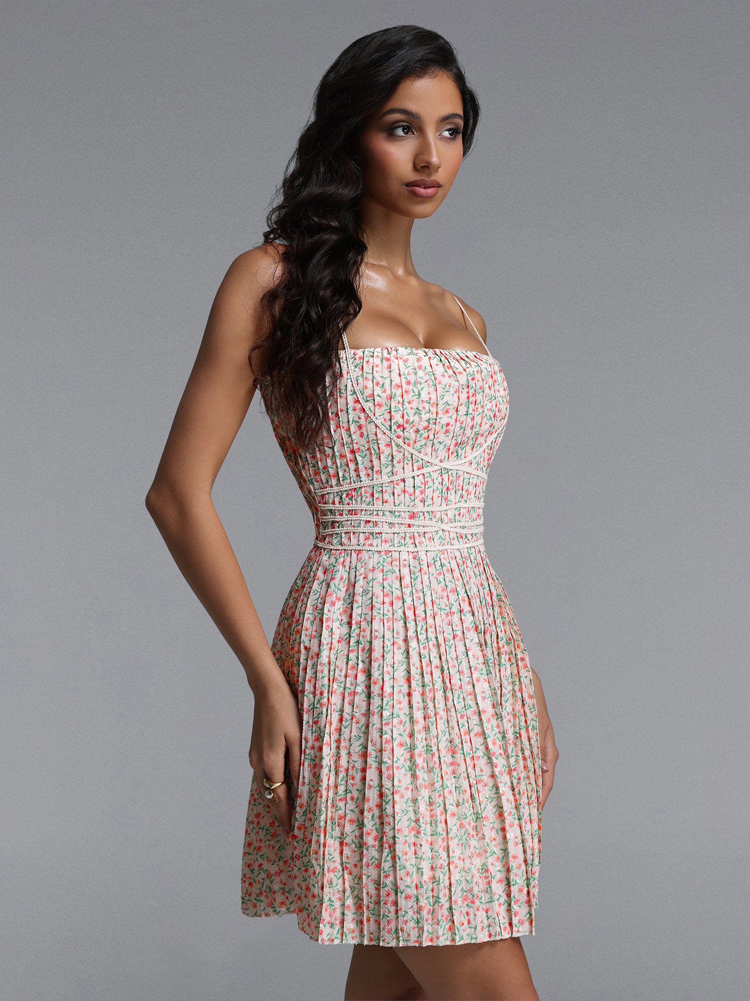 Ditsy Floral Pleated Sleeveless A-Line Mini Dress