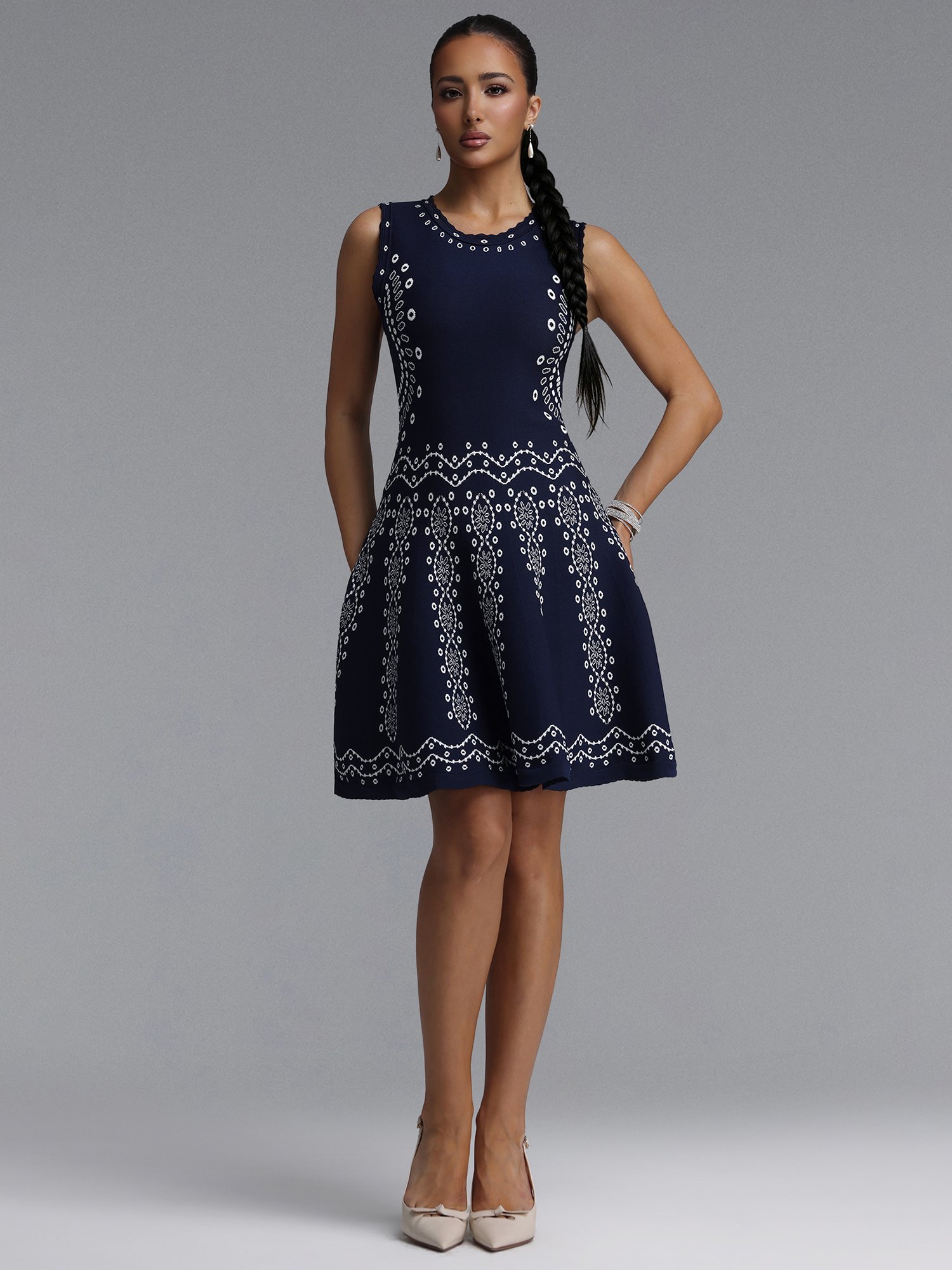 Navy Embroidered A-Line Sleeveless Dress