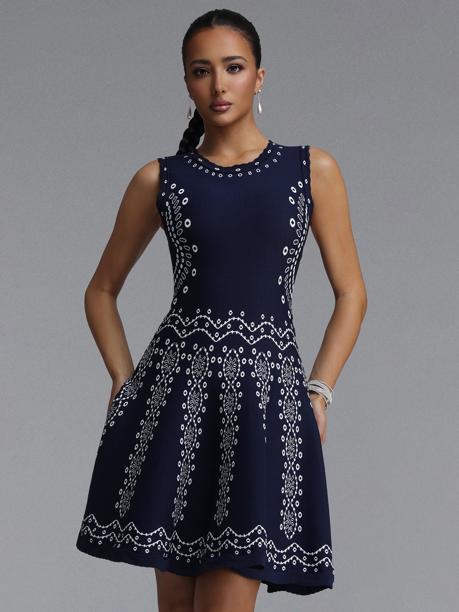 Navy Embroidered A-Line Sleeveless Dress