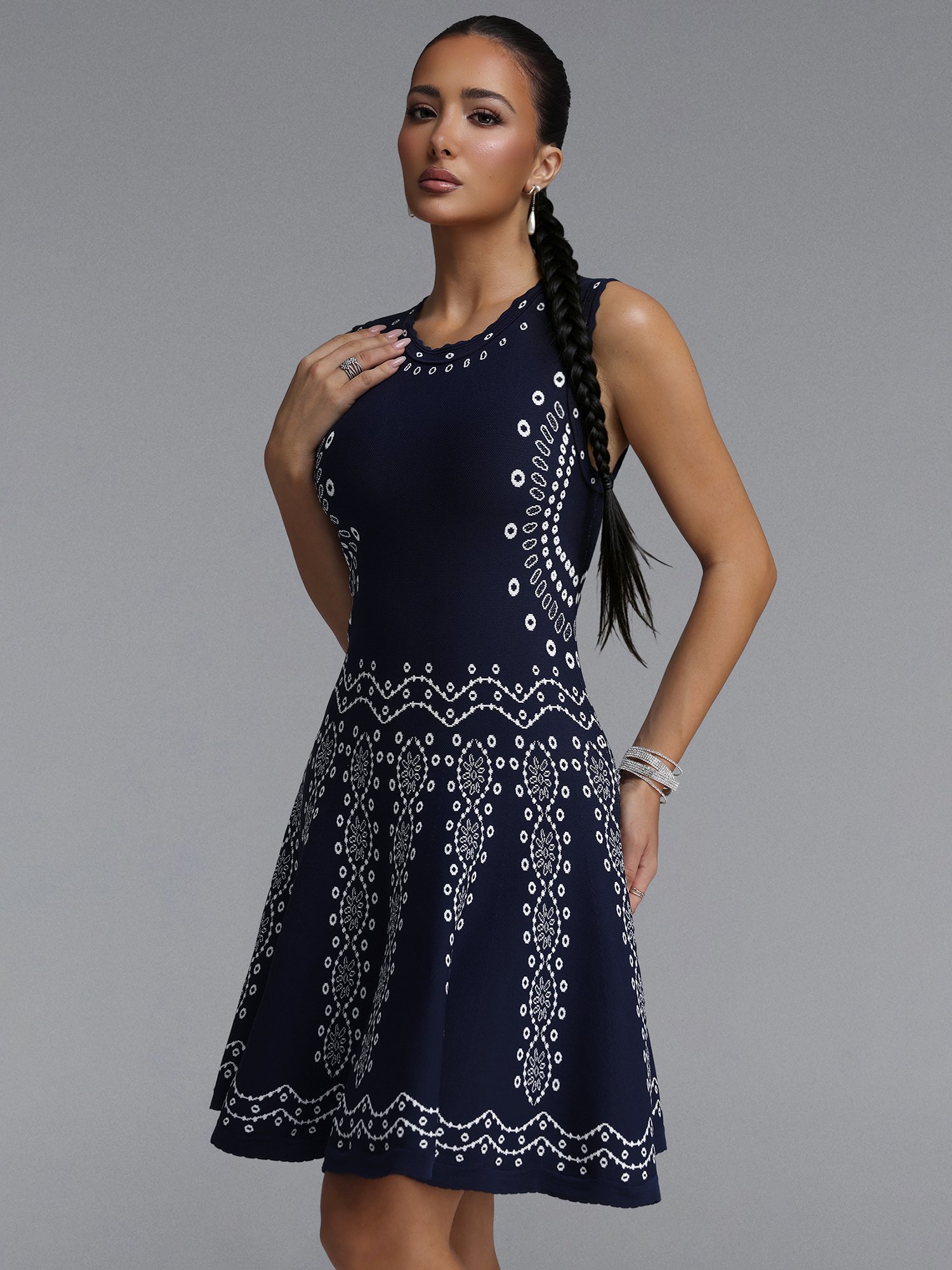 Navy Embroidered A-Line Sleeveless Dress
