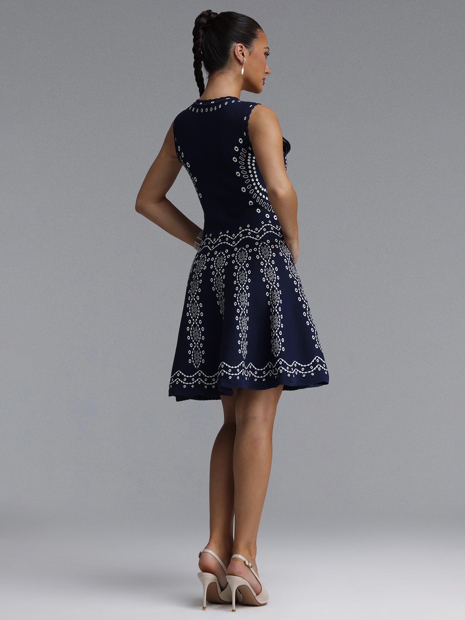 Navy Embroidered A-Line Sleeveless Dress