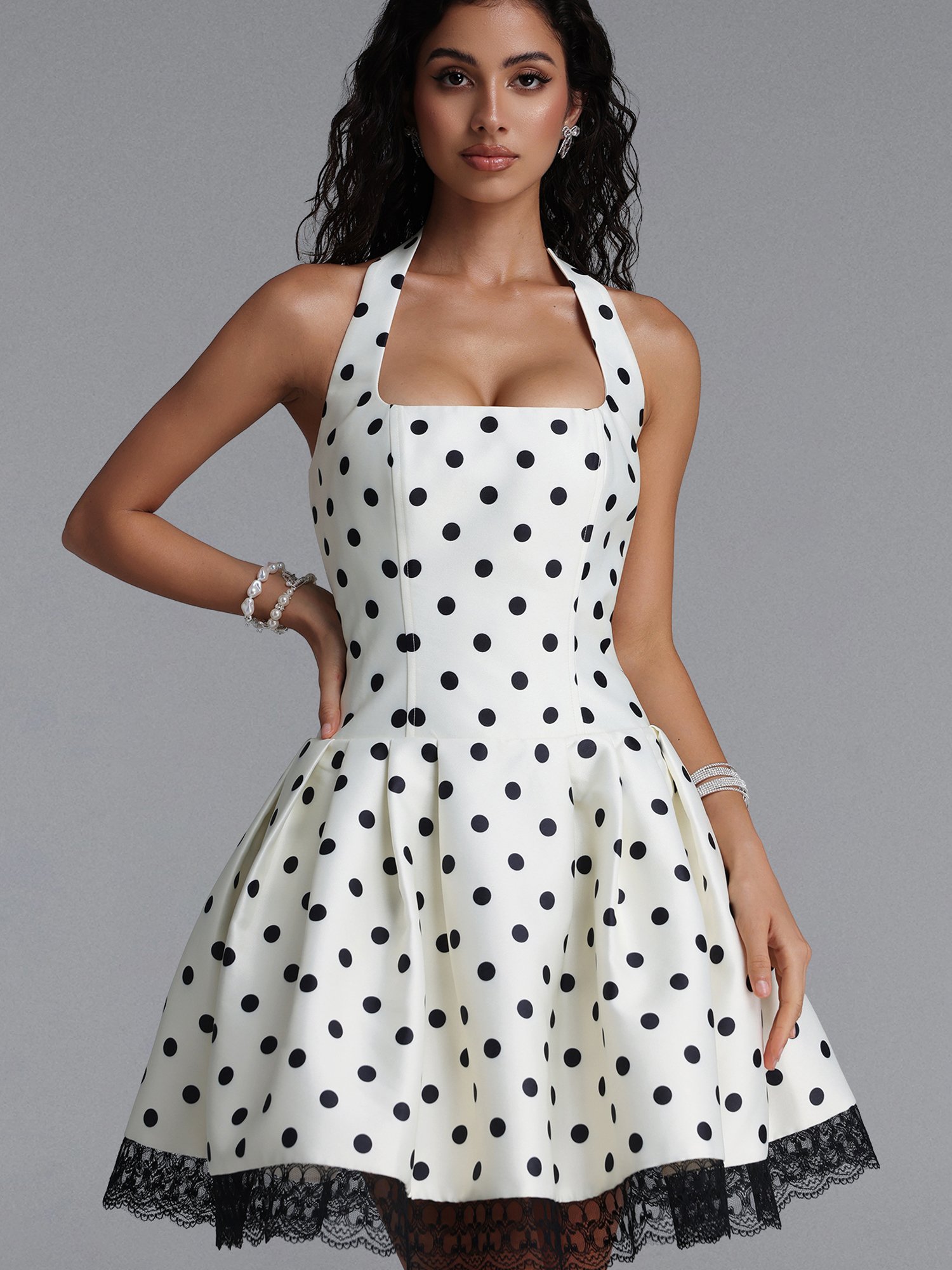 Off-White Sleeveless Polka Dot Skater Mini Dress