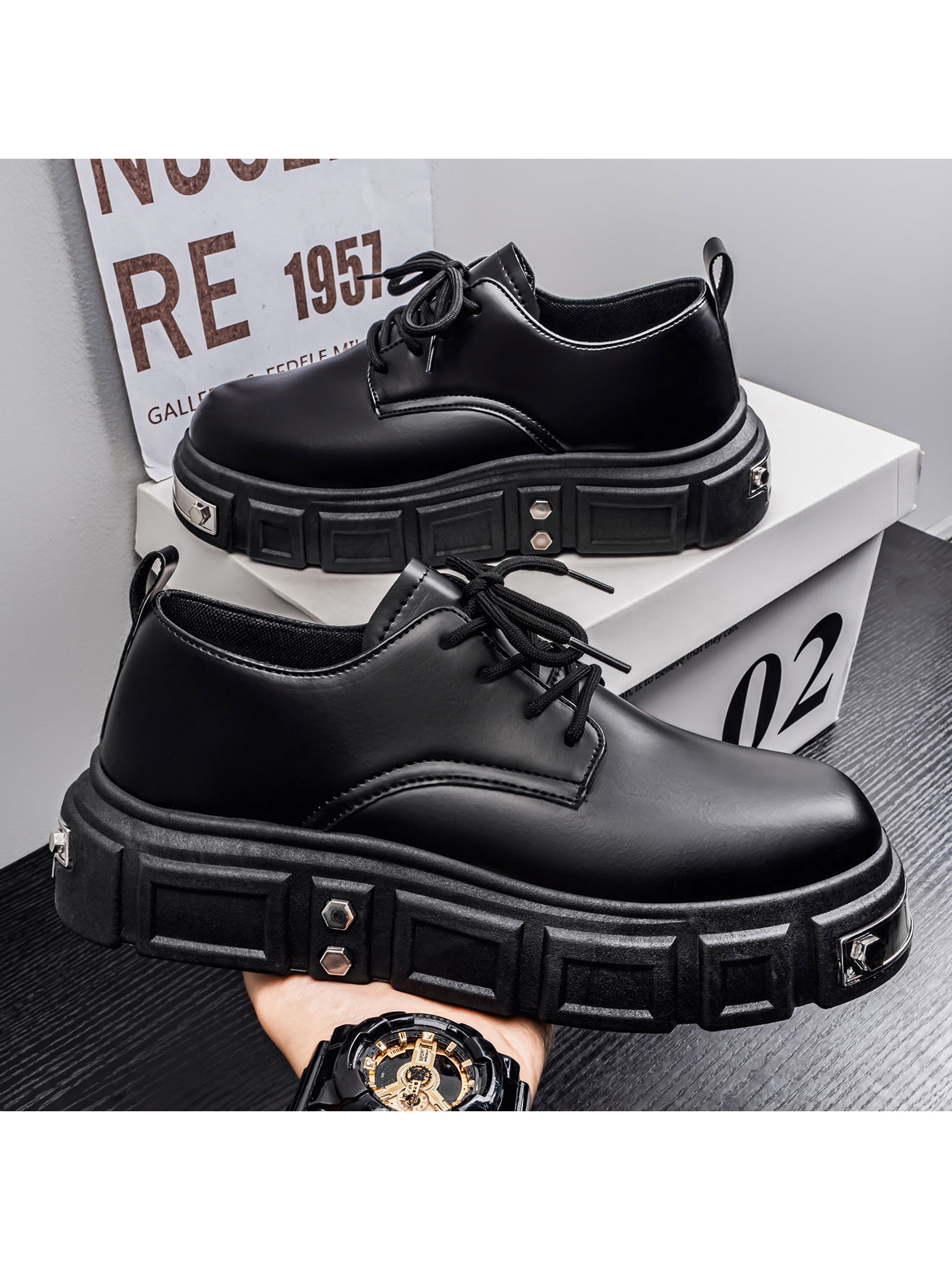Black Lace-Up Casual Shoes with Chunky Sole