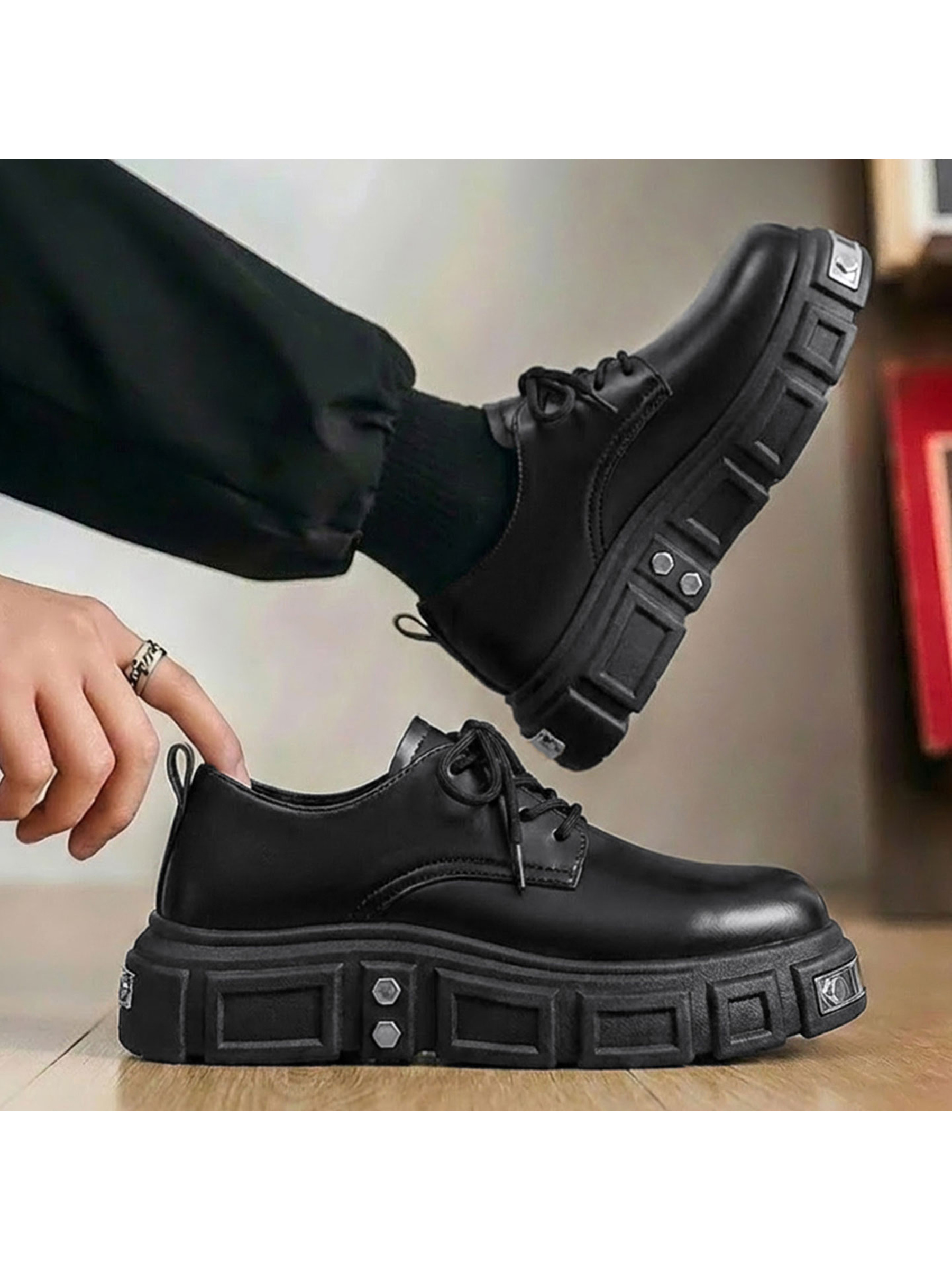 Black Lace-Up Casual Shoes with Chunky Sole
