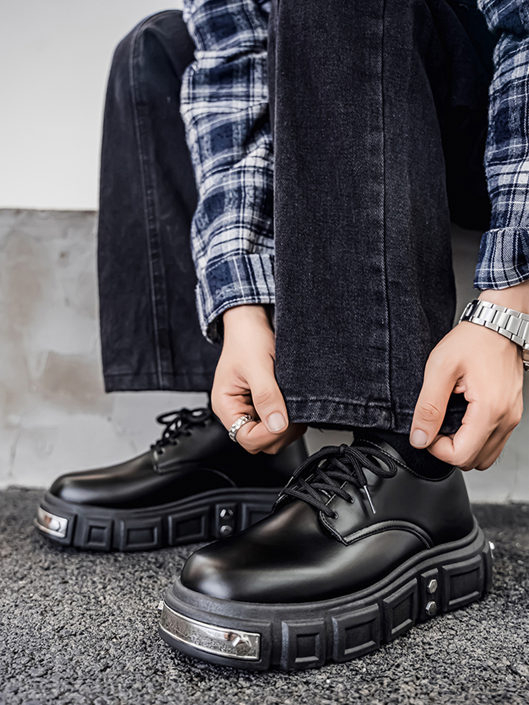 Black Lace-Up Casual Shoes with Chunky Sole