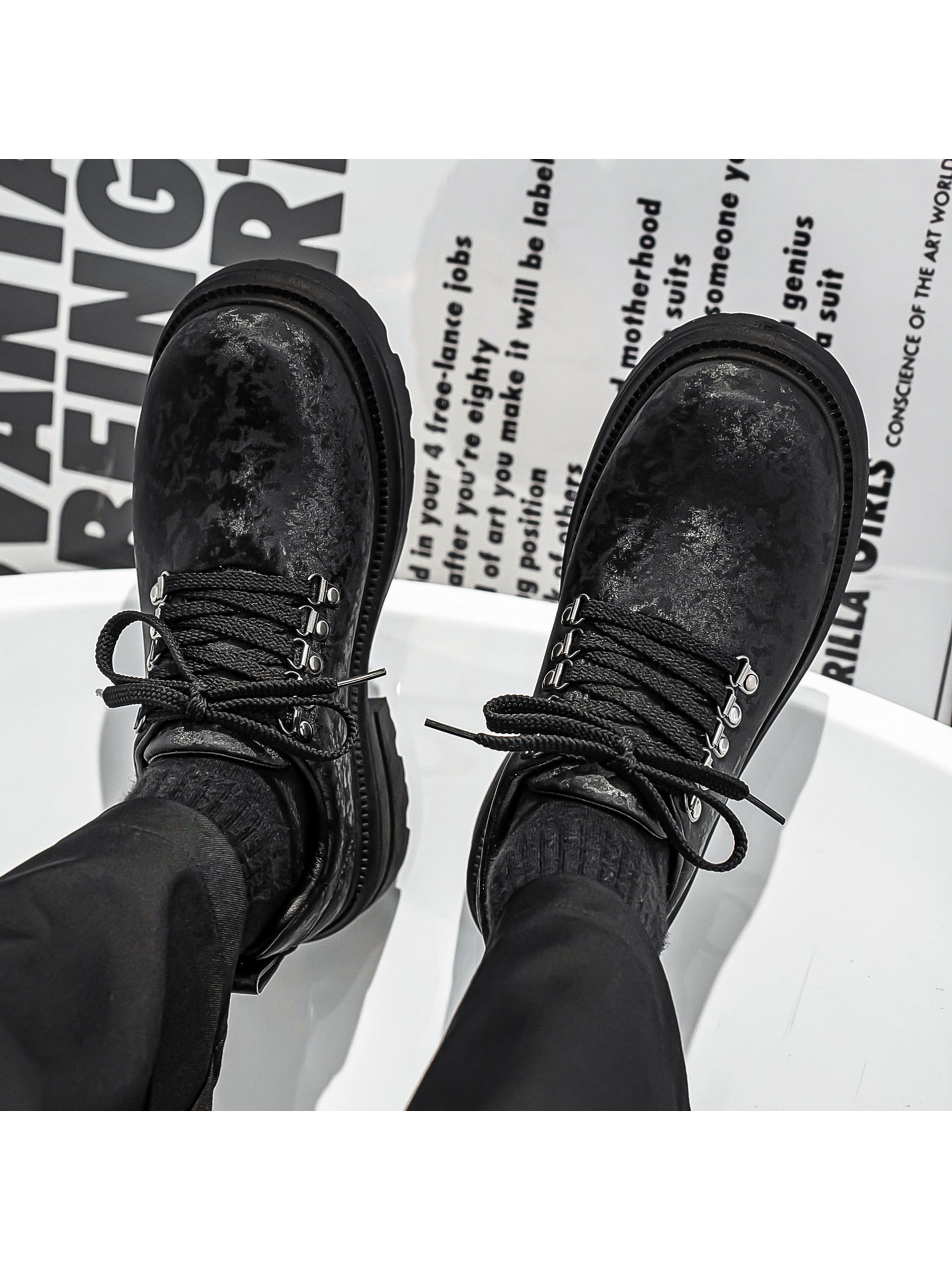 Black Platform Lace-Up Casual Shoes
