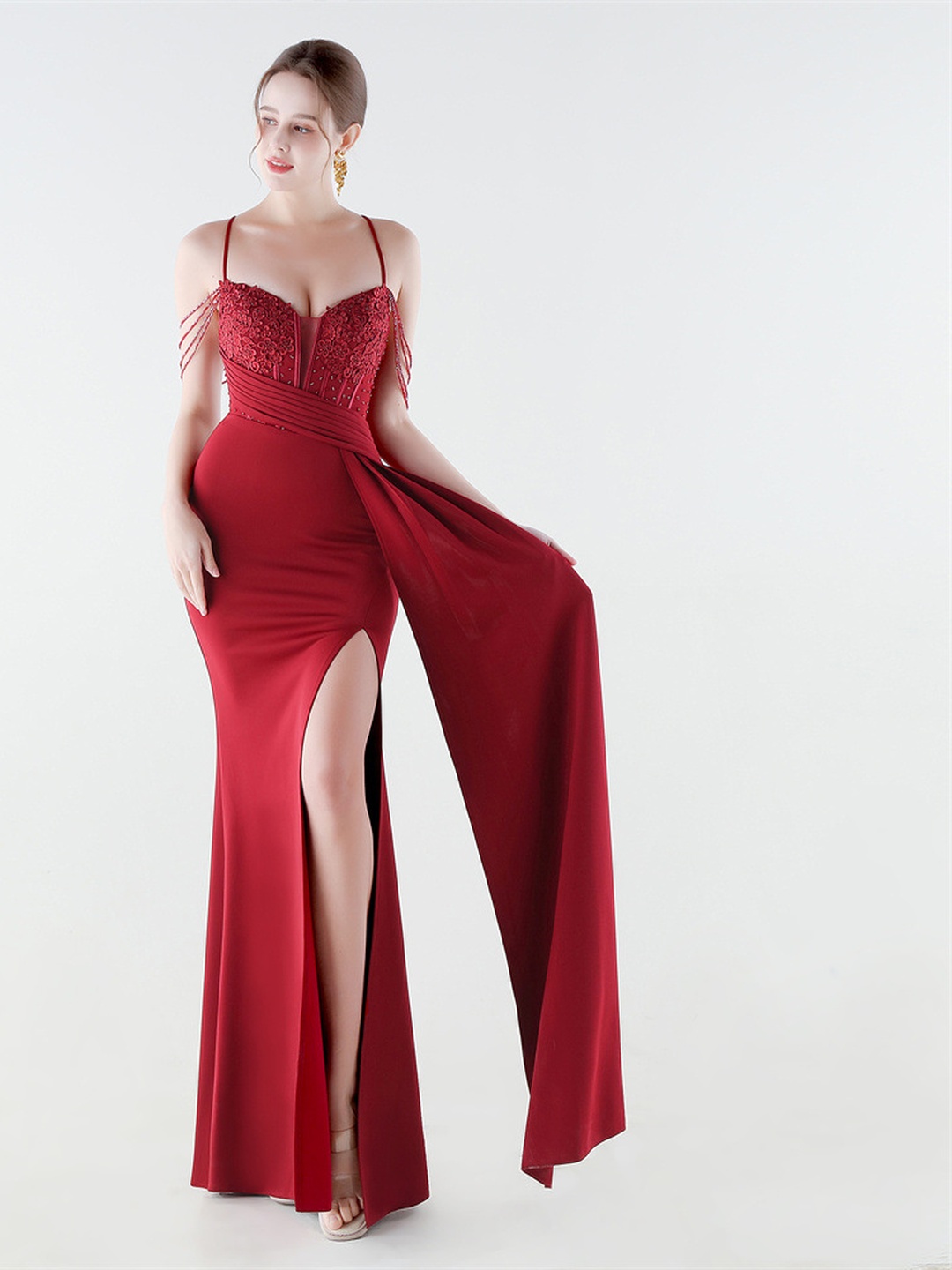 Red Satin Embellished Spaghetti Strap Evening Gown with High Slit