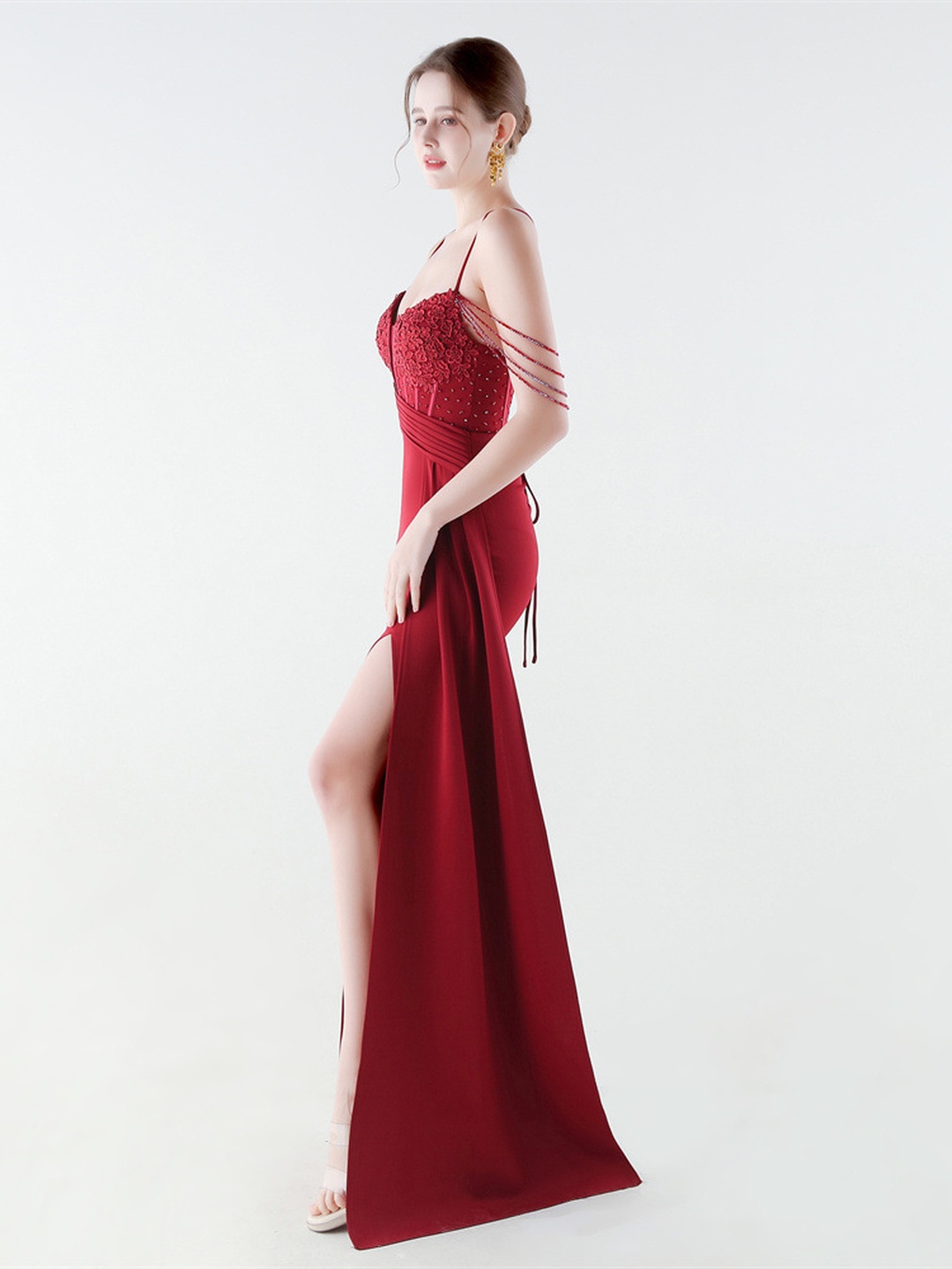 Red Satin Embellished Spaghetti Strap Evening Gown with High Slit
