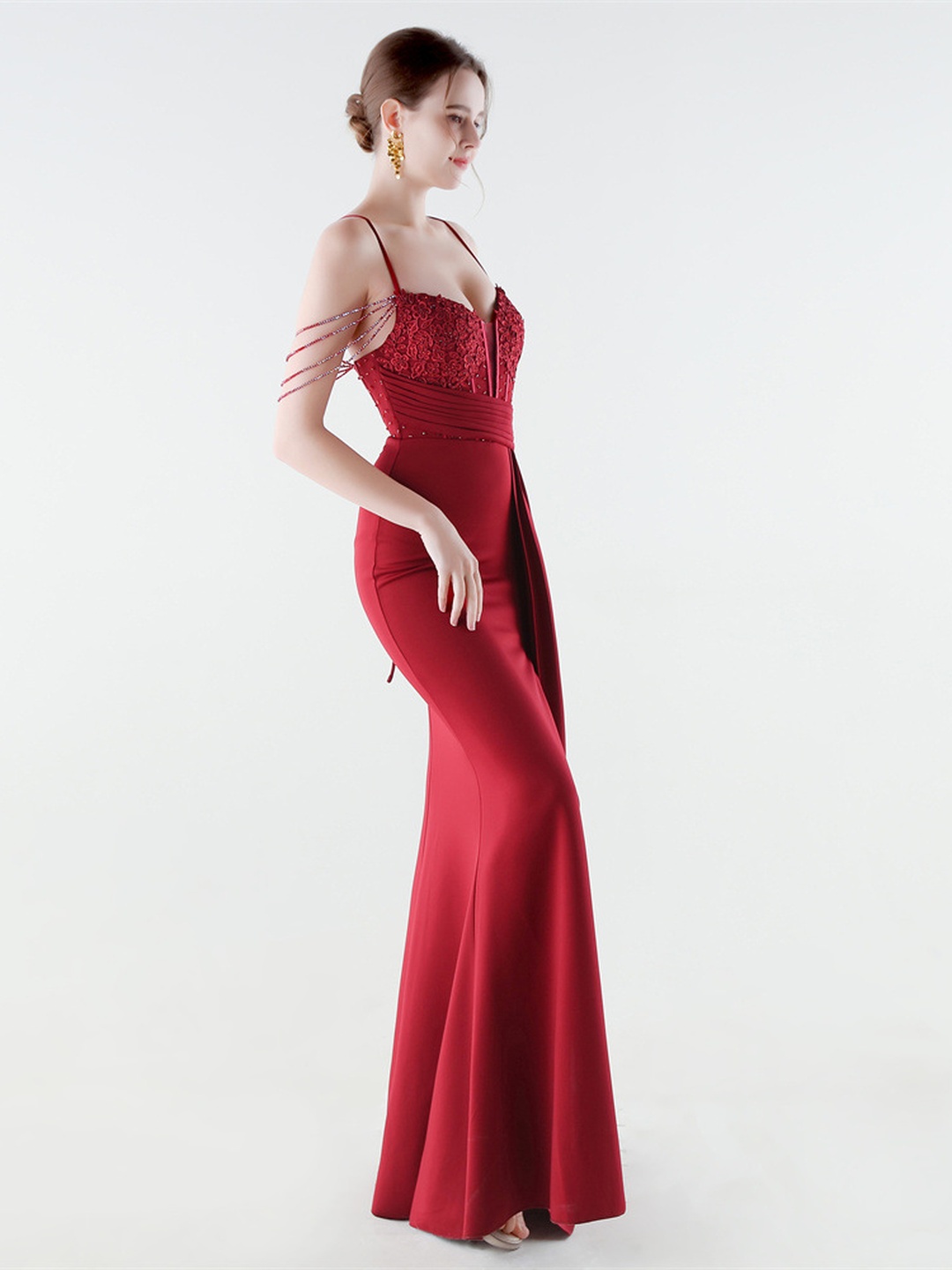 Red Satin Embellished Spaghetti Strap Evening Gown with High Slit
