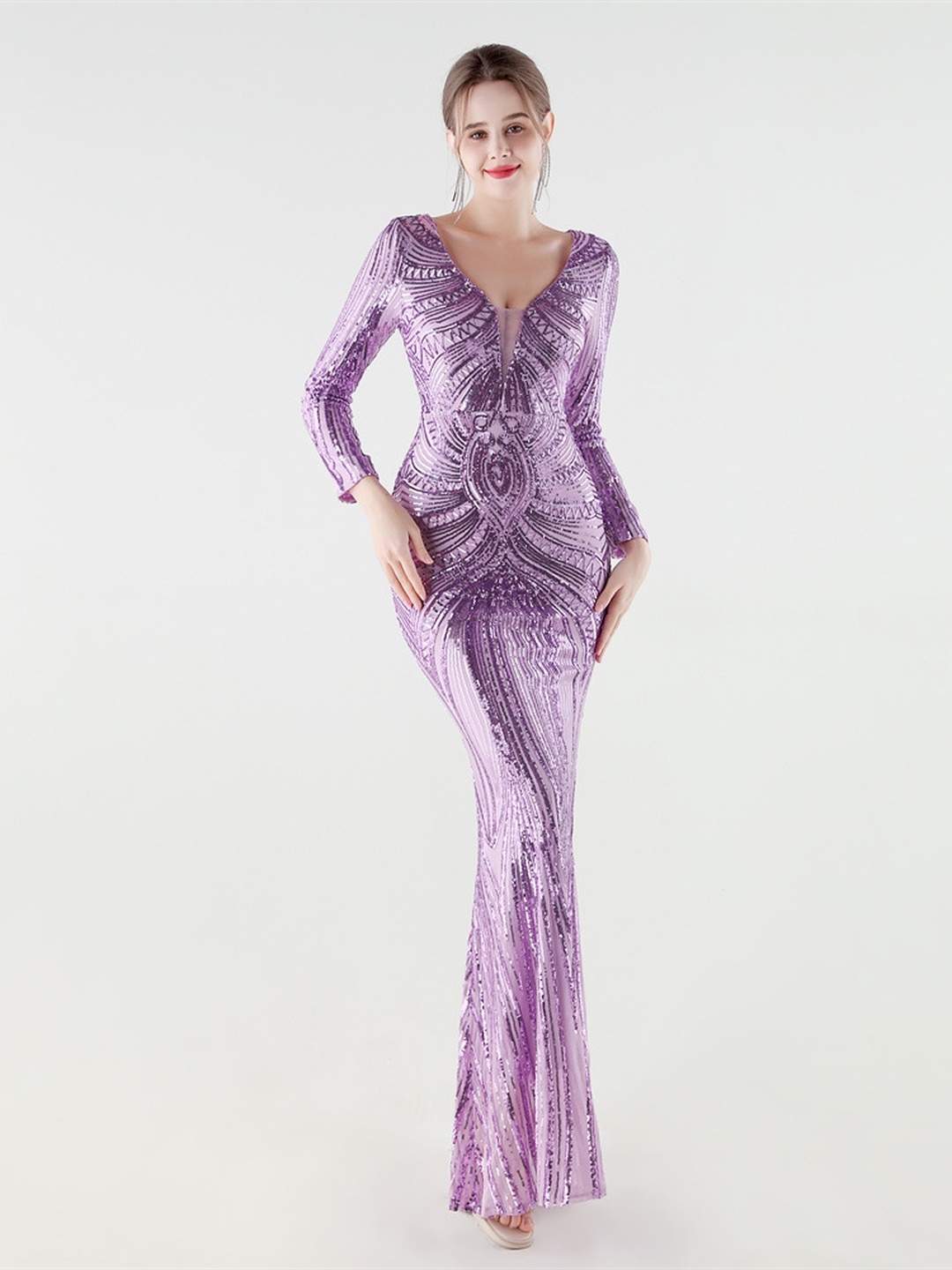 Purple Sequin V-Neck Long Sleeve Mermaid Evening Gown