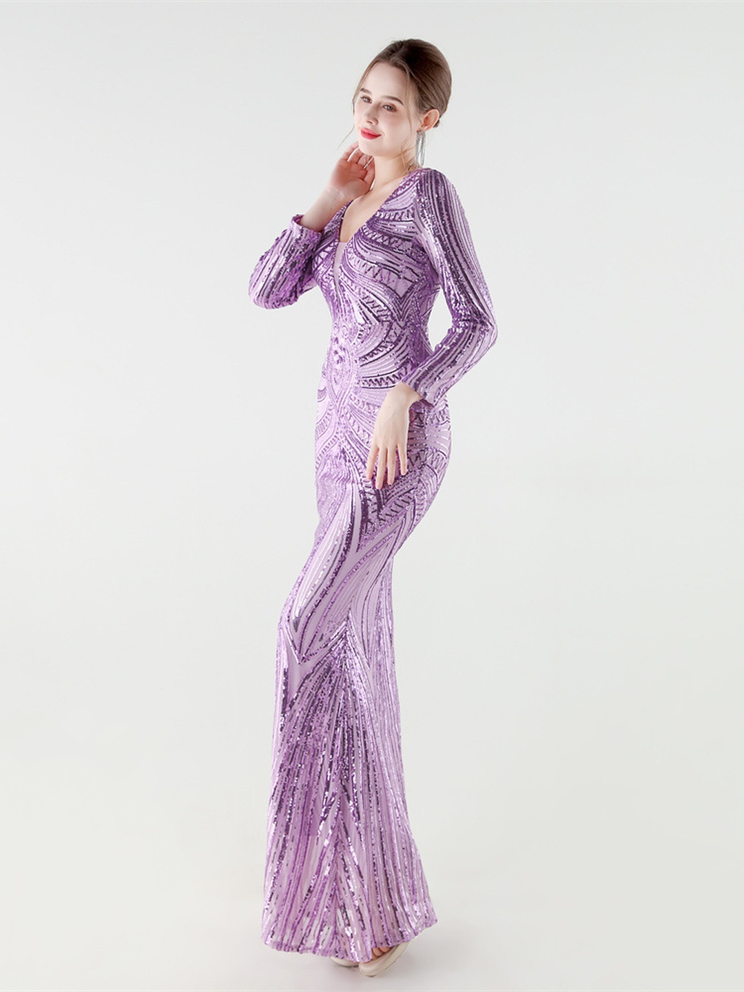 Purple Sequin V-Neck Long Sleeve Mermaid Evening Gown