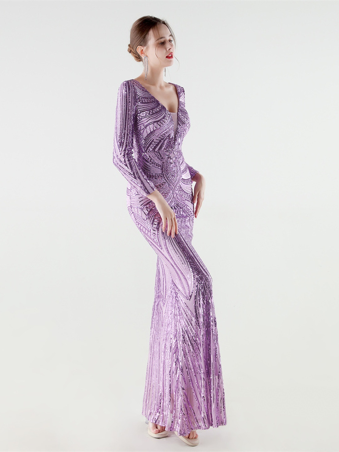 Purple Sequin V-Neck Long Sleeve Mermaid Evening Gown