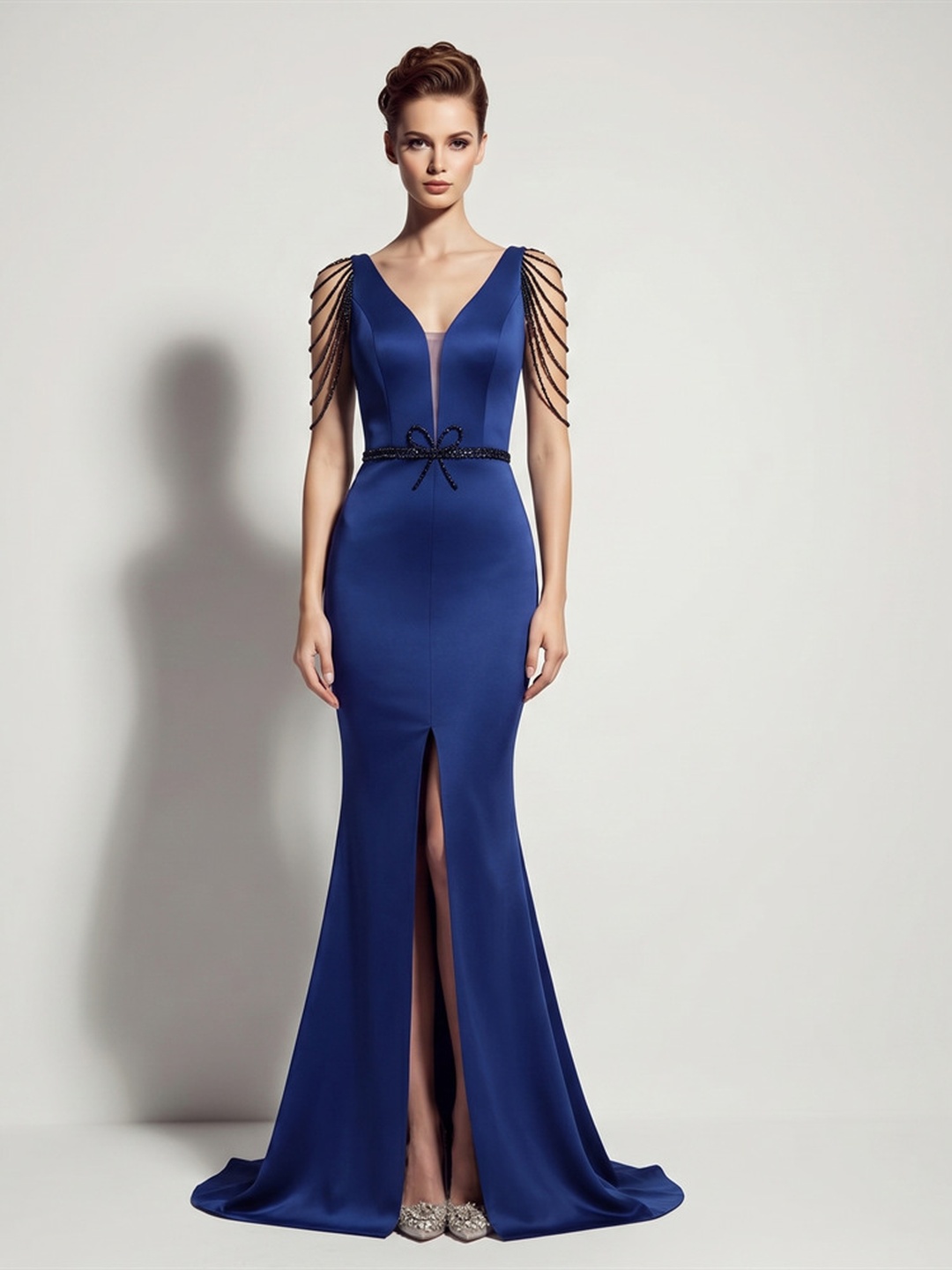 Blue Mermaid Maxi Dress with Beaded Shoulder Detail