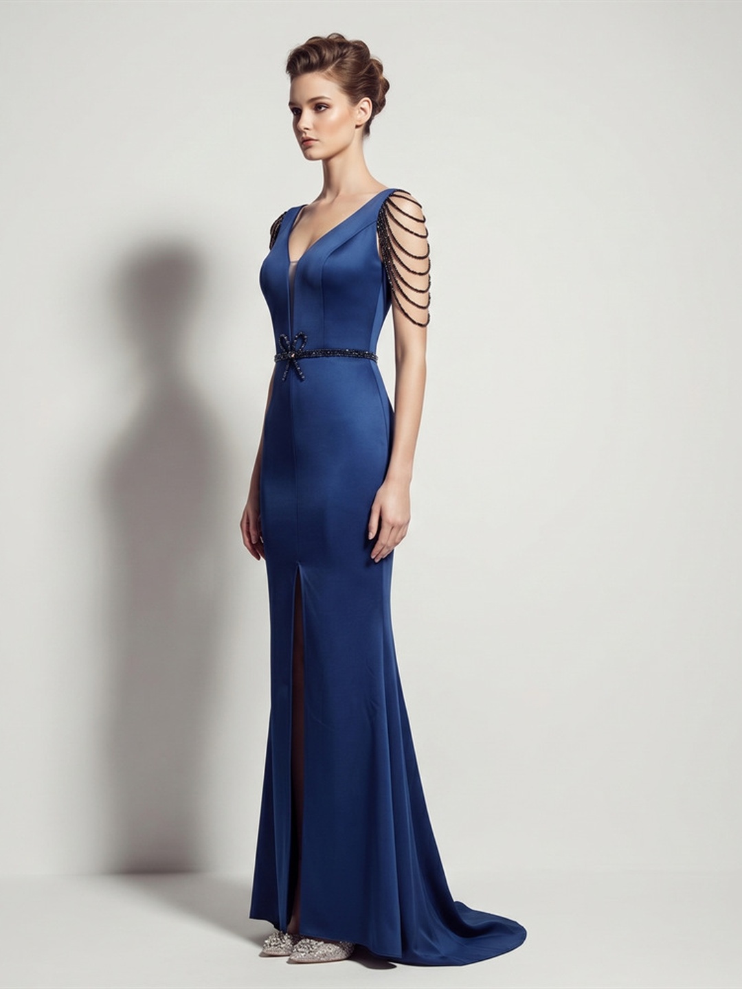 Blue Mermaid Maxi Dress with Beaded Shoulder Detail