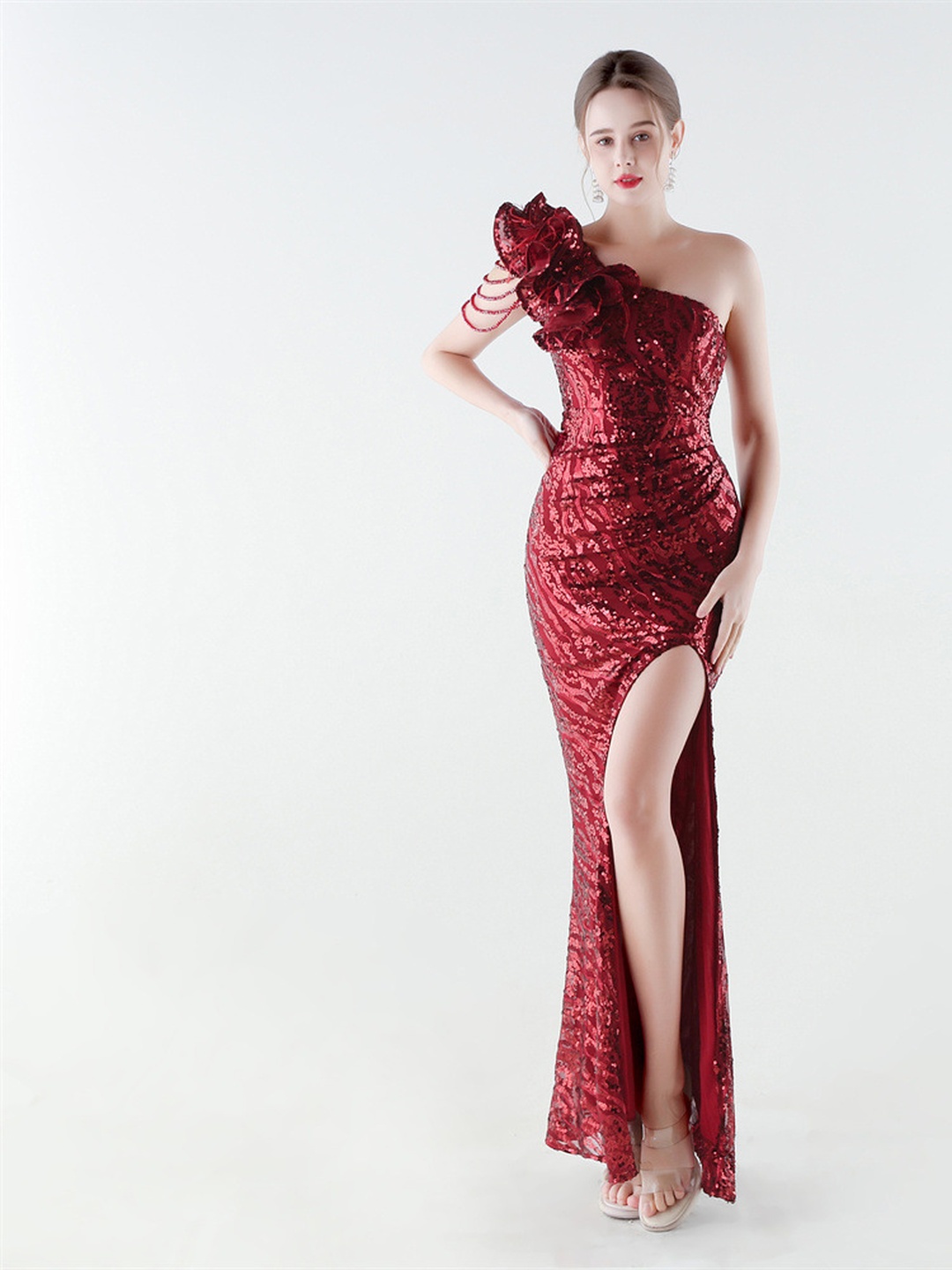 Red One-Shoulder Sequin Fishtail Evening Dress with High Slit