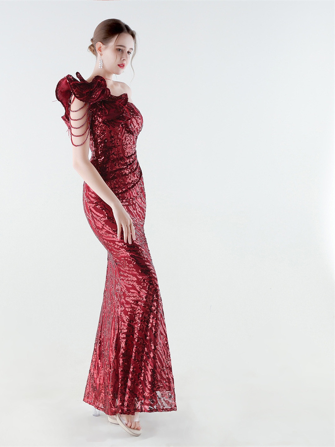 Red One-Shoulder Sequin Fishtail Evening Dress with High Slit