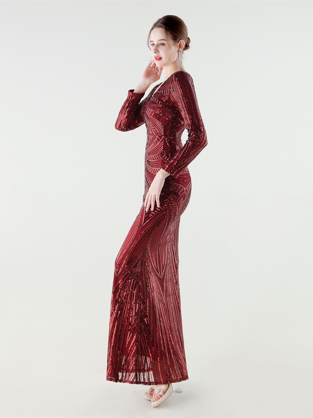 Burgundy Sequin Long Sleeve V-Neck Mermaid Evening Dress