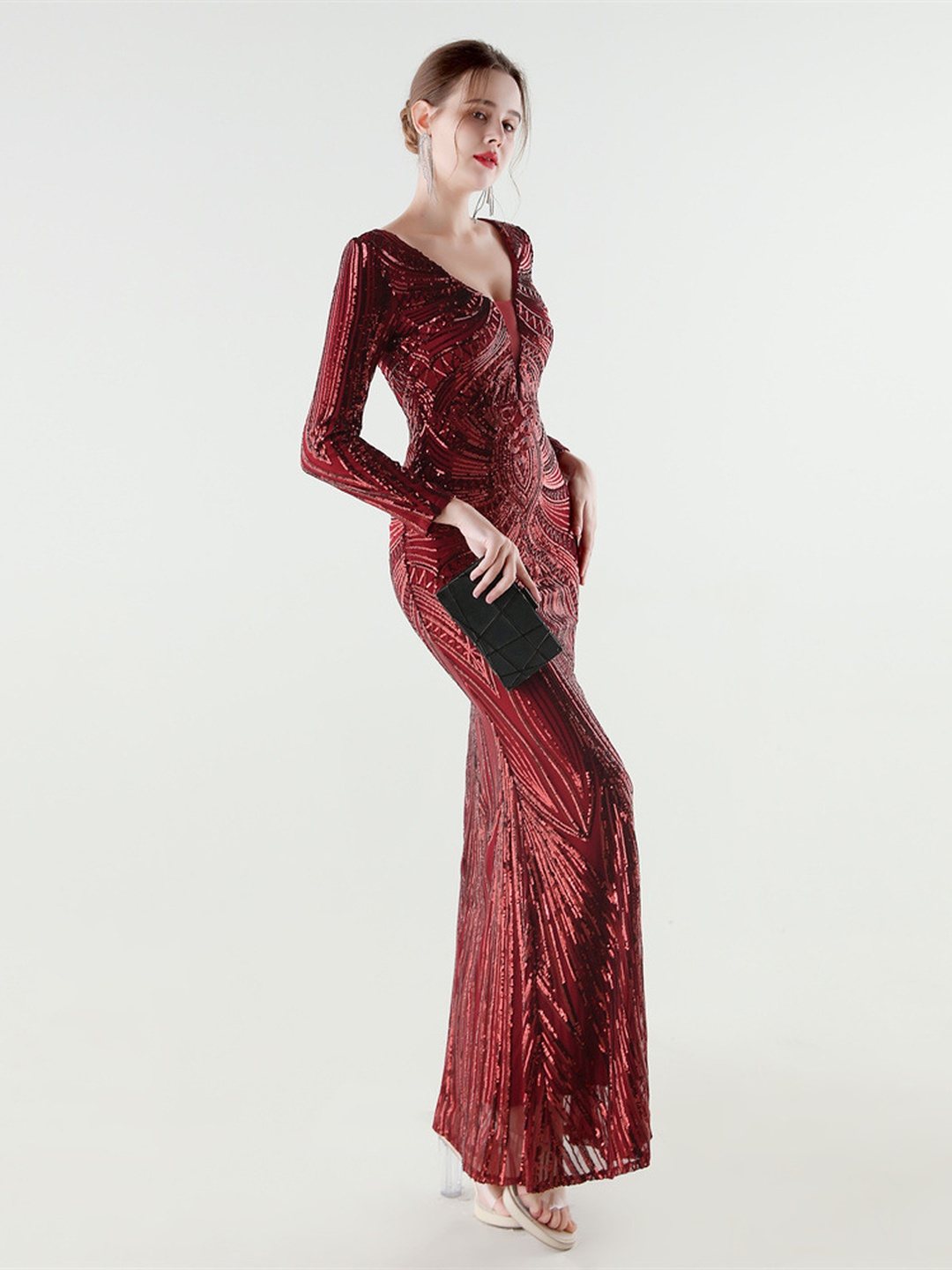 Burgundy Sequin Long Sleeve V-Neck Mermaid Evening Dress