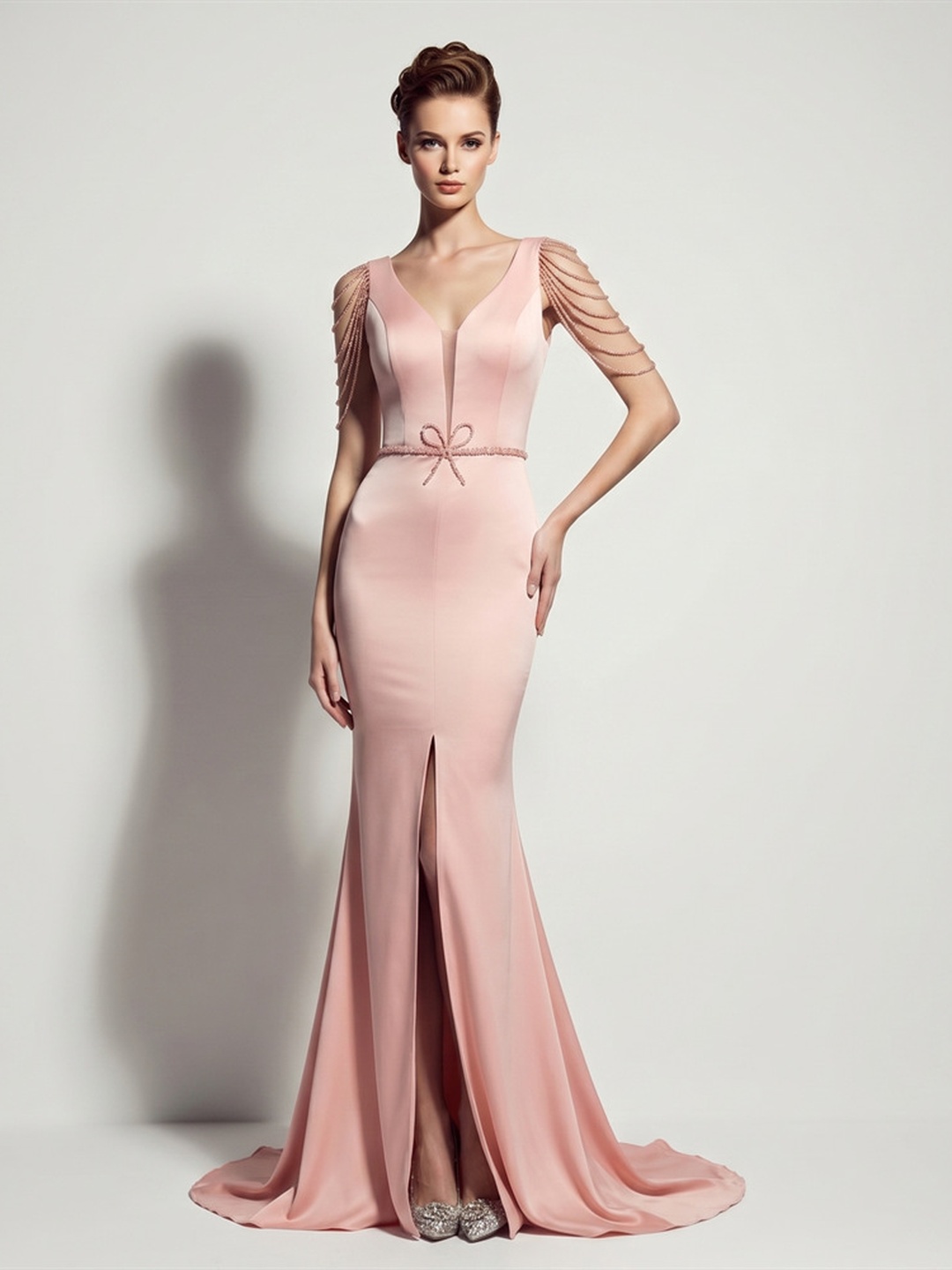 Pink Deep V-Neck Mermaid Dress with Beaded Draped Sleeves and Slit