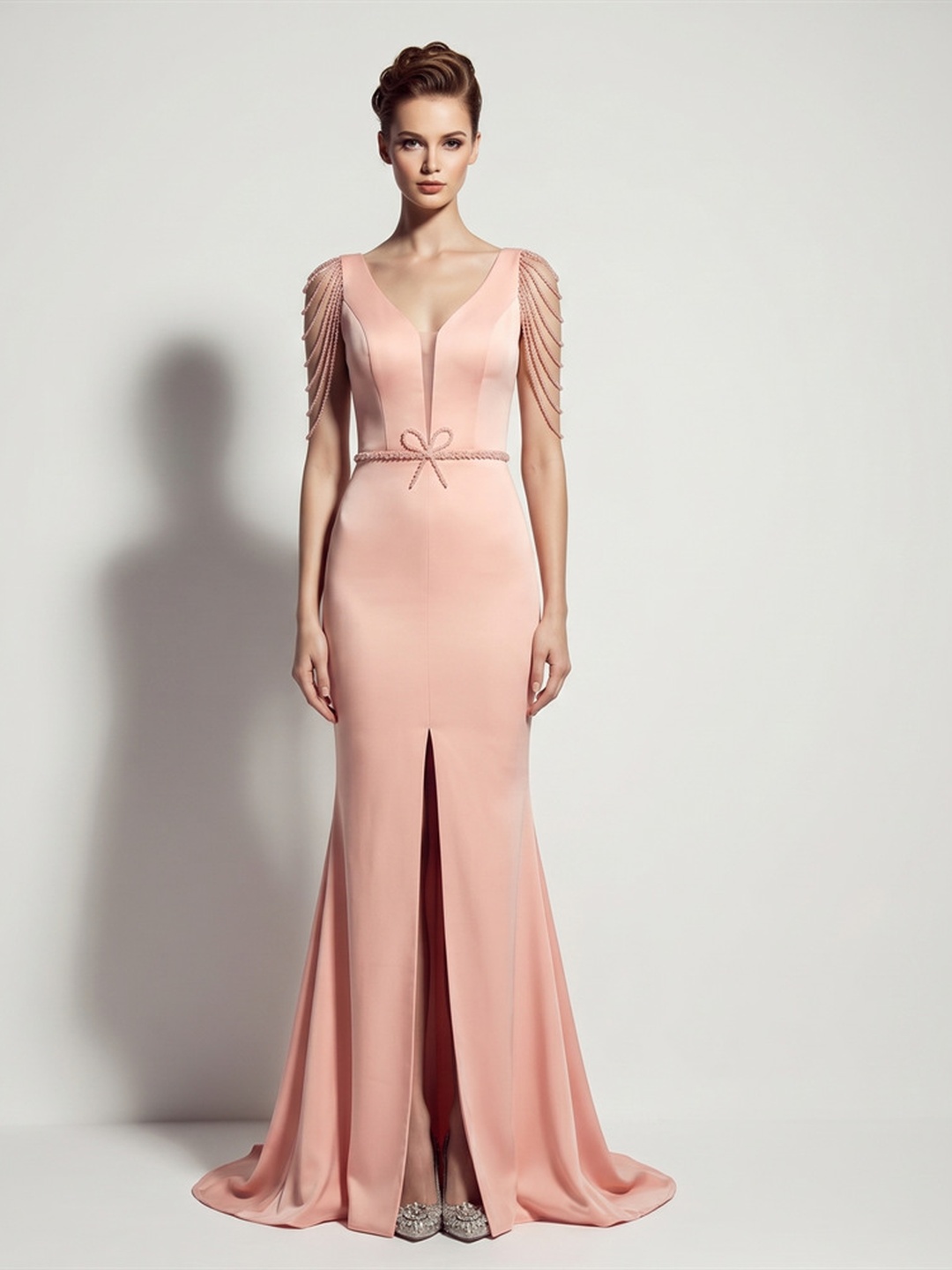 Pink Deep V-Neck Mermaid Dress with Beaded Draped Sleeves and Slit