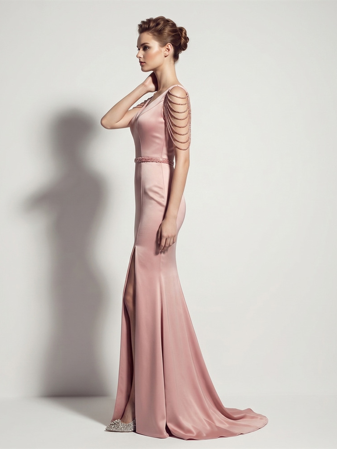 Pink Deep V-Neck Mermaid Dress with Beaded Draped Sleeves and Slit