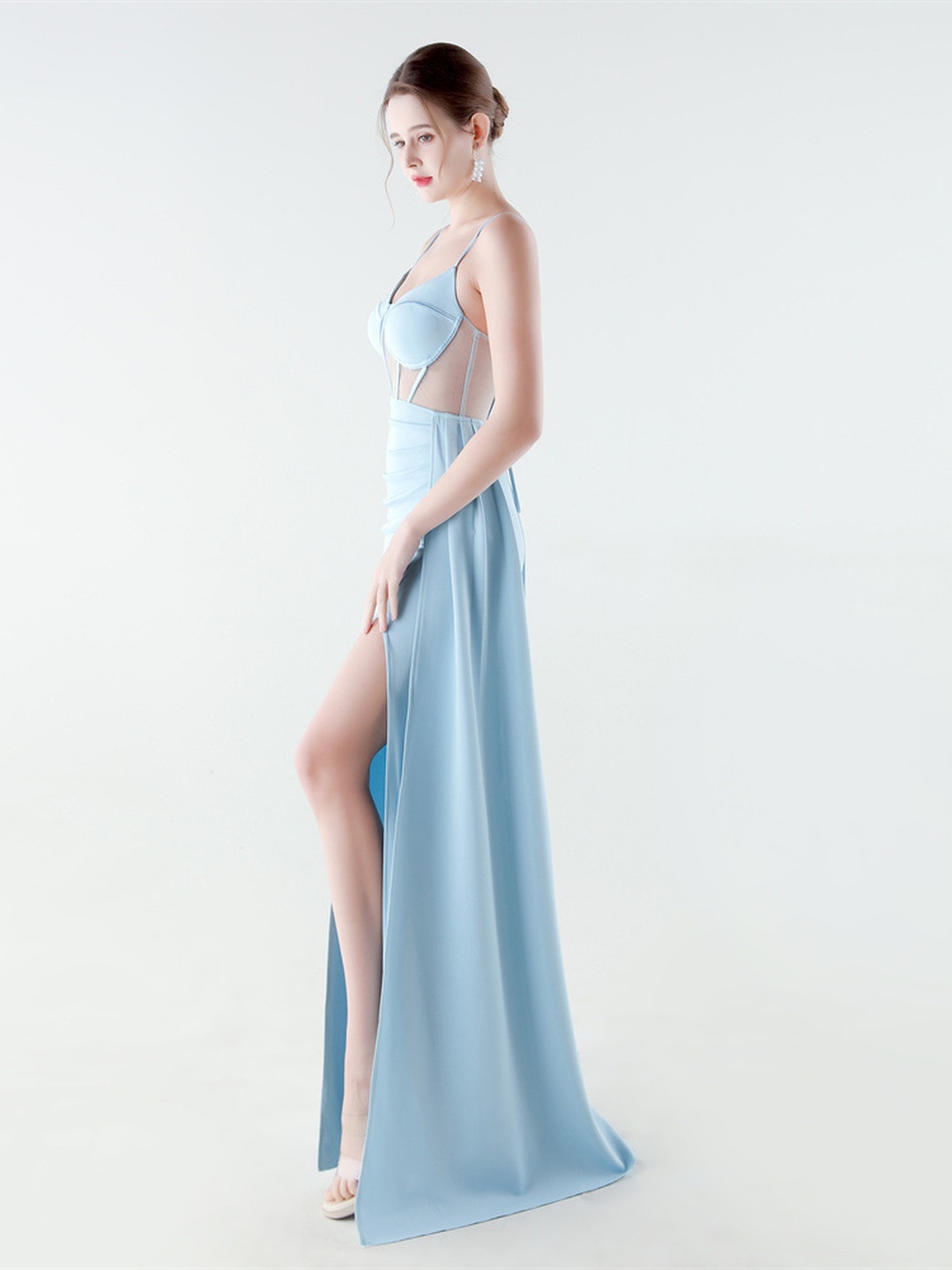 Light Blue Satin Corset High-Slit Evening Gown with Drape