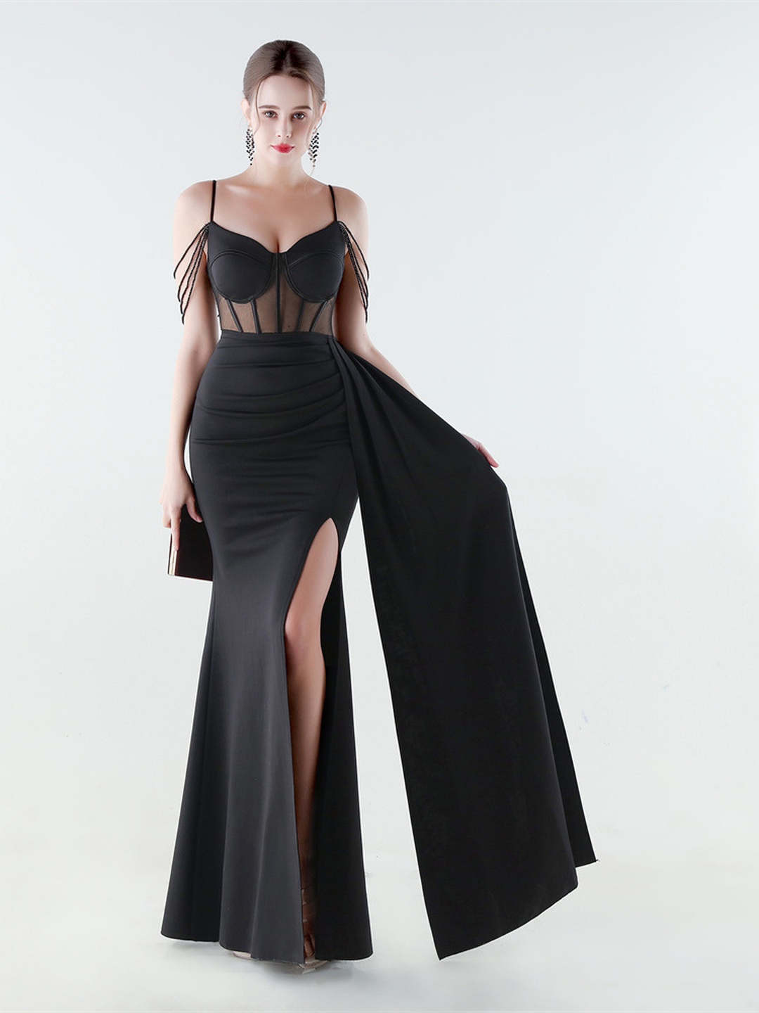 Black Mesh Corset Evening Dress with Thigh Slit and Draped Train