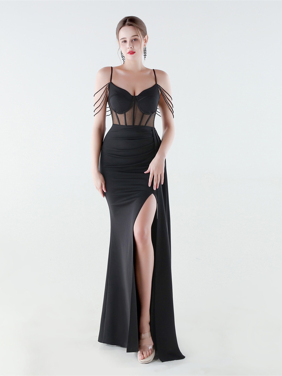 Black Mesh Corset Evening Dress with Thigh Slit and Draped Train