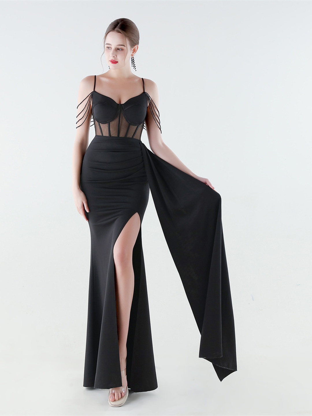 Black Mesh Corset Evening Dress with Thigh Slit and Draped Train