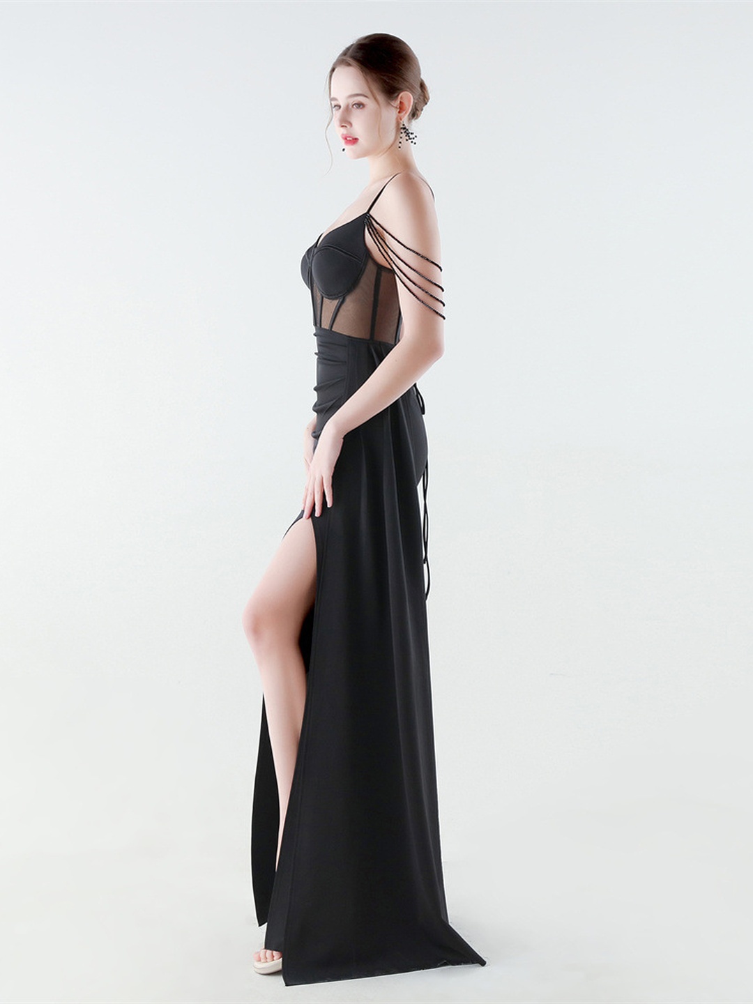 Black Mesh Corset Evening Dress with Thigh Slit and Draped Train
