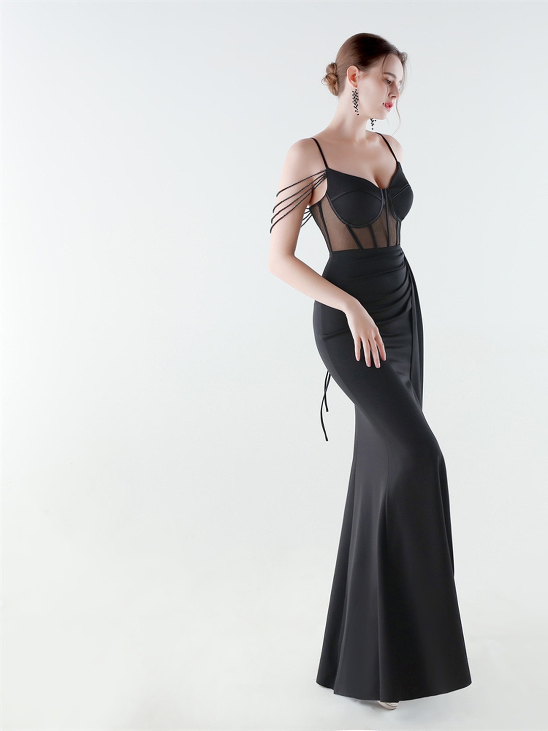 Black Mesh Corset Evening Dress with Thigh Slit and Draped Train