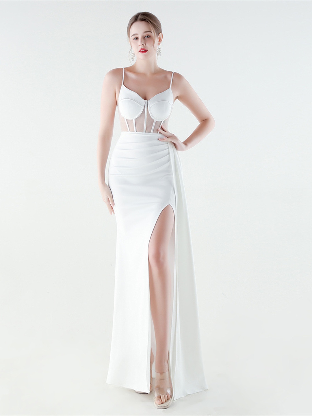 White Satin Corset Bodice High-Slit Evening Gown