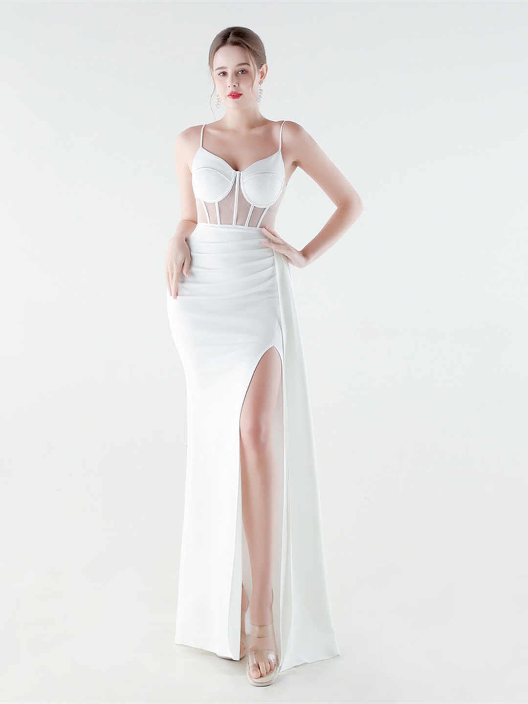 White Satin Corset Bodice High-Slit Evening Gown