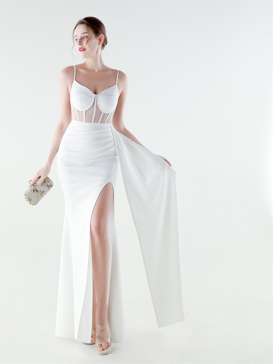 White Satin Corset Bodice High-Slit Evening Gown