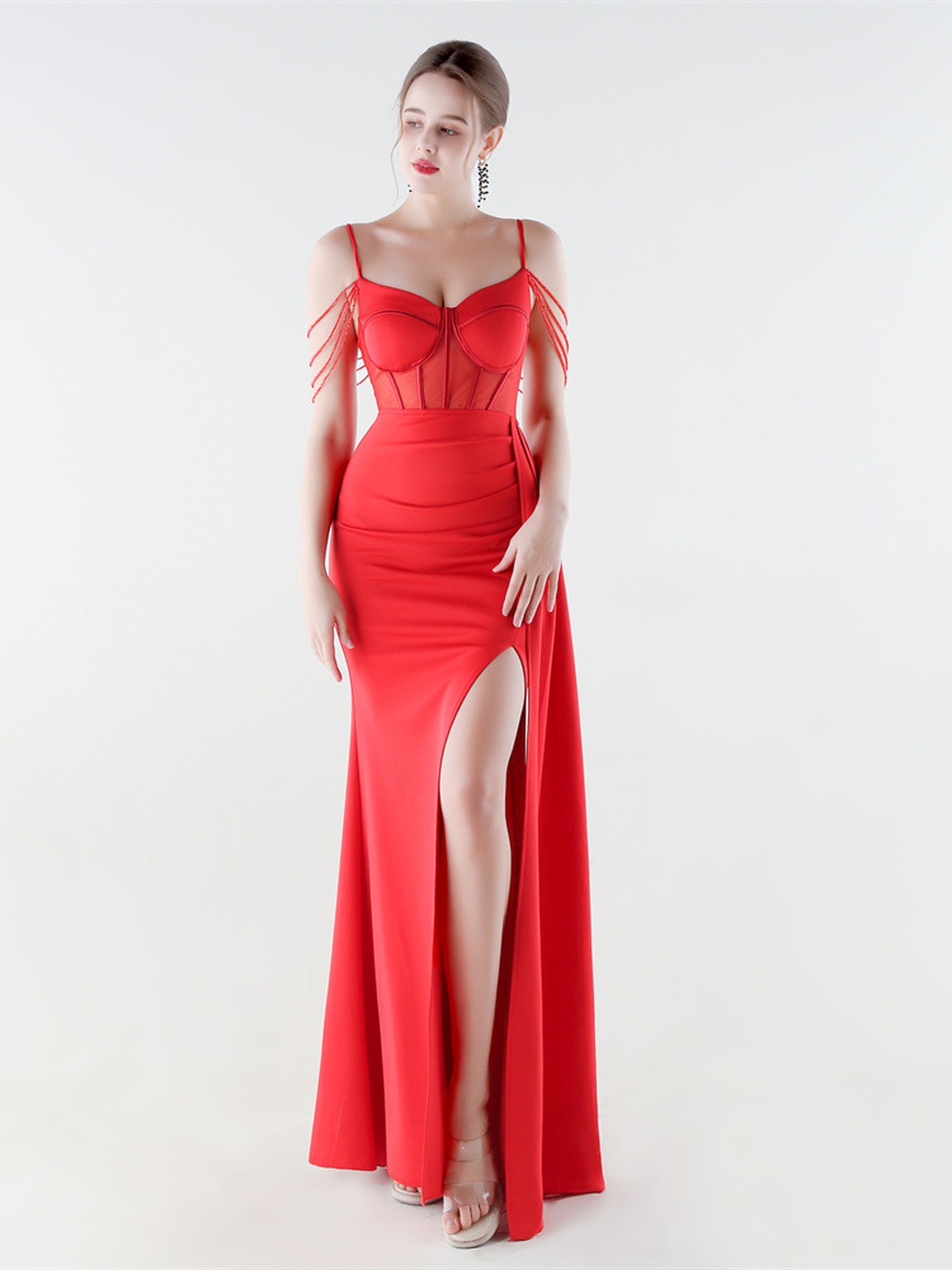 Red Satin Corset Bodice Evening Gown with High Slit