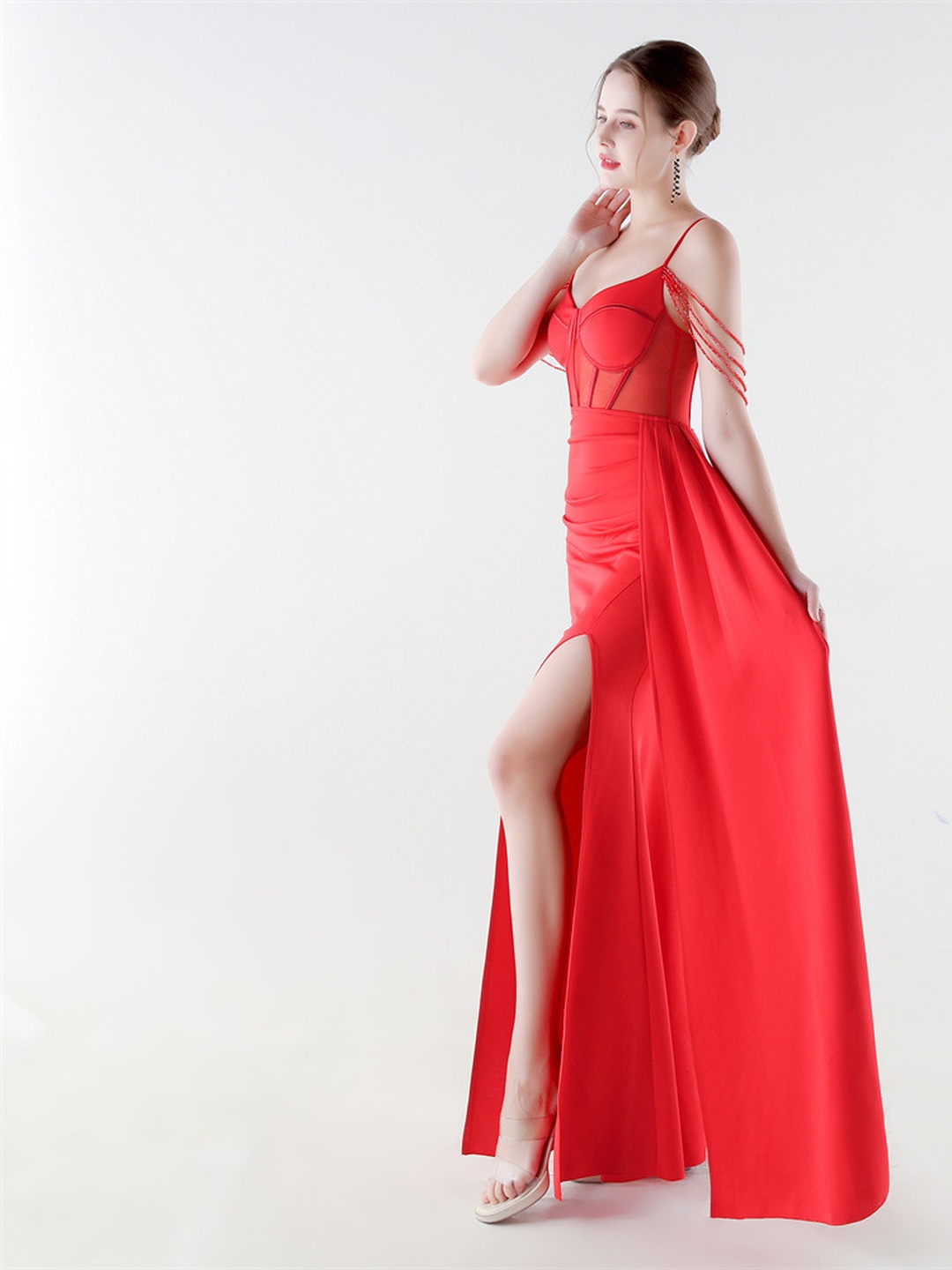Red Satin Corset Bodice Evening Gown with High Slit