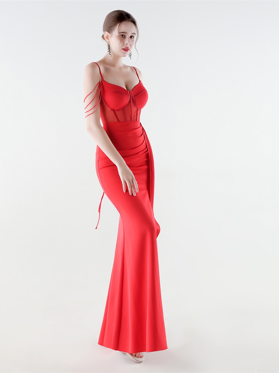 Red Satin Corset Bodice Evening Gown with High Slit
