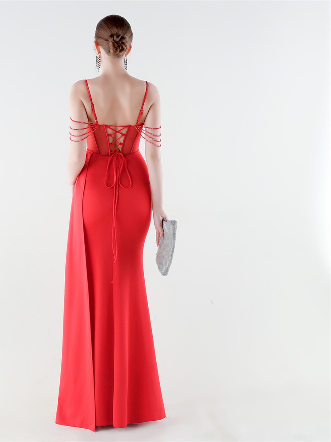 Red Satin Corset Bodice Evening Gown with High Slit