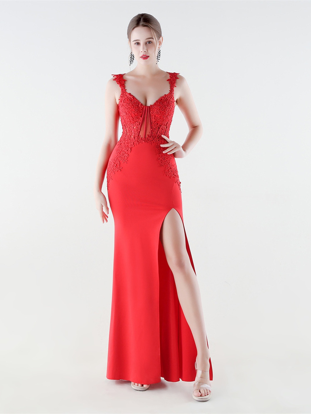 Red Satin Lace Bodice Evening Gown with High Slit