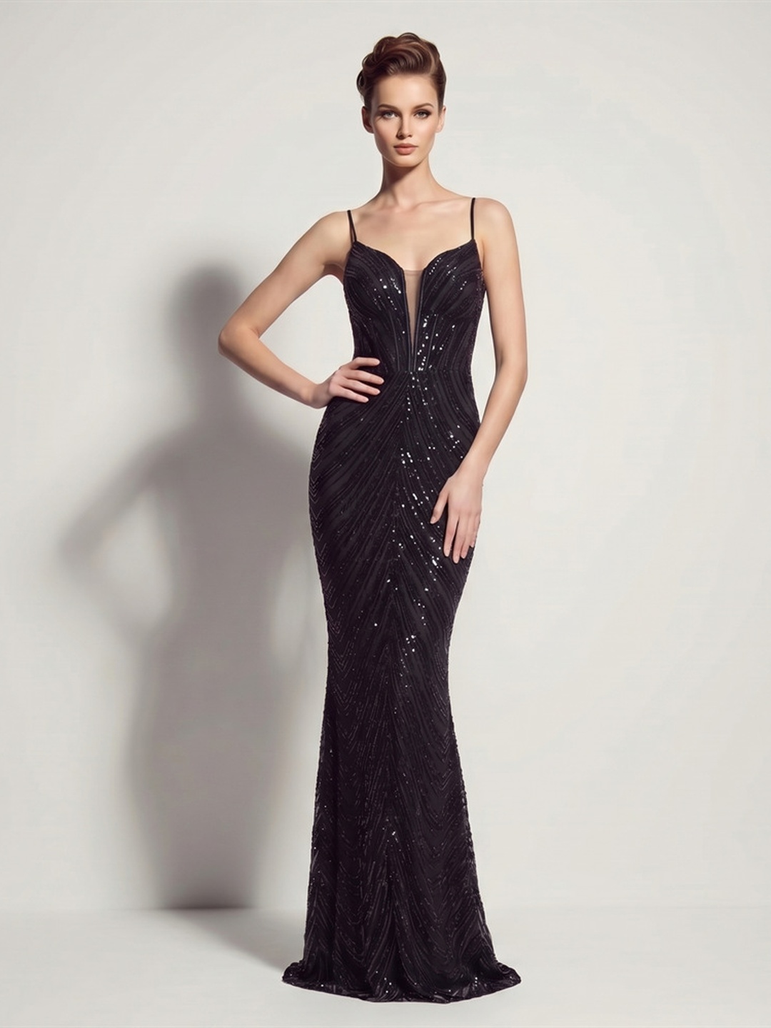 Black Sequin Spaghetti Strap Mermaid Evening Gown