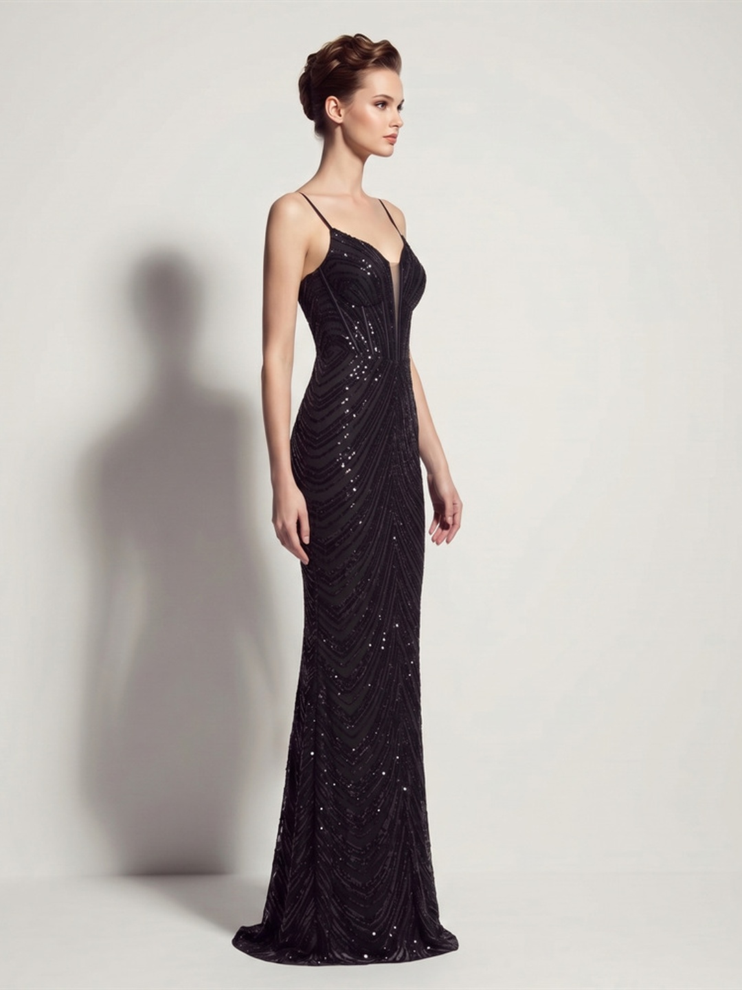 Black Sequin Spaghetti Strap Mermaid Evening Gown