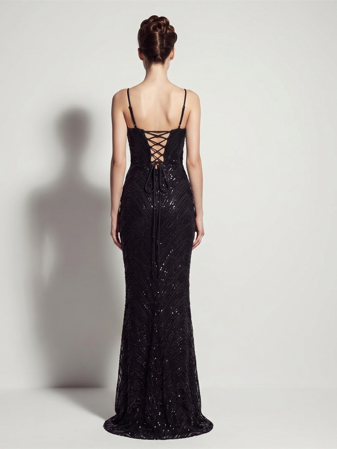 Black Sequin Spaghetti Strap Mermaid Evening Gown