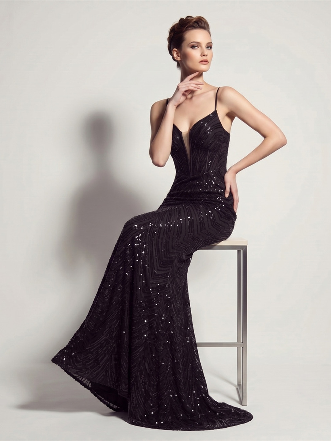 Black Sequin Spaghetti Strap Mermaid Evening Gown