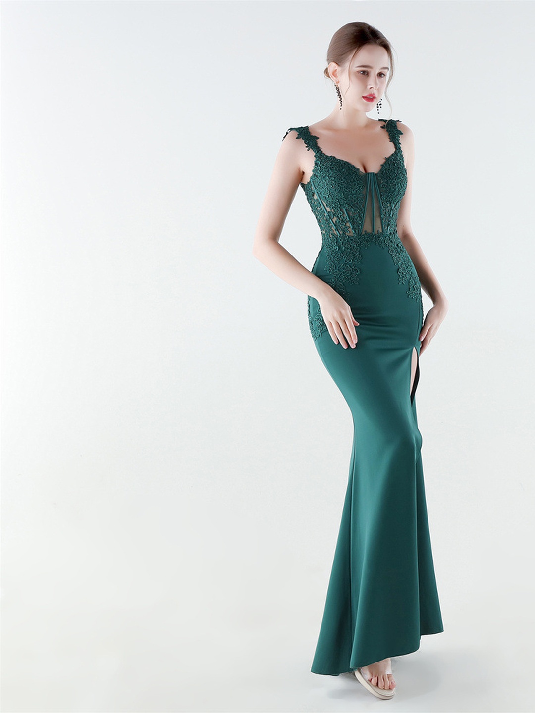Dark Green Satin Evening Gown with Lace Bodice and Thigh Slit